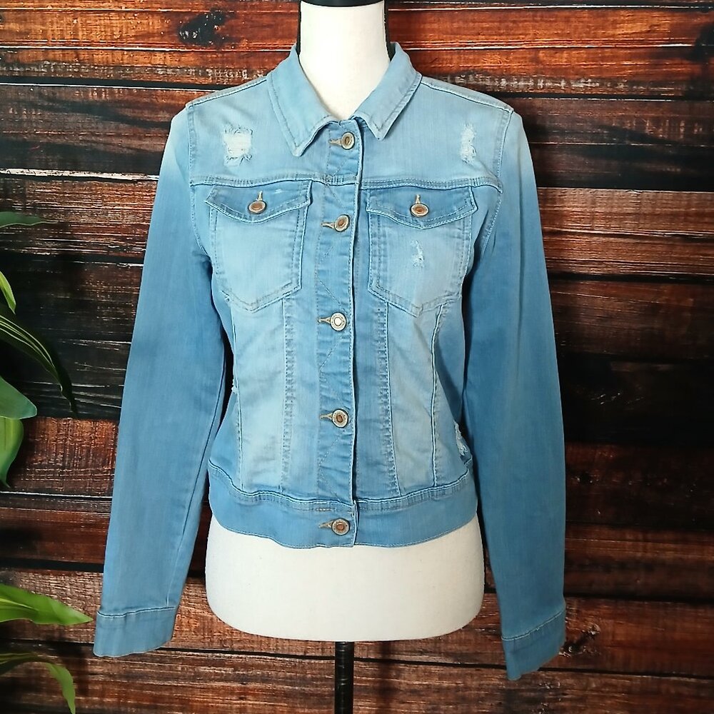 Wax Jean Jacket M Classic Cropped Fit Distressed Blue Denim Stretch